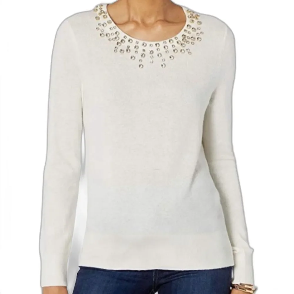 Lilly Pulitzer Coconut Odetta Sweater Wool Blend Rhinestone Neckline Size Large - Picture 9 of 13